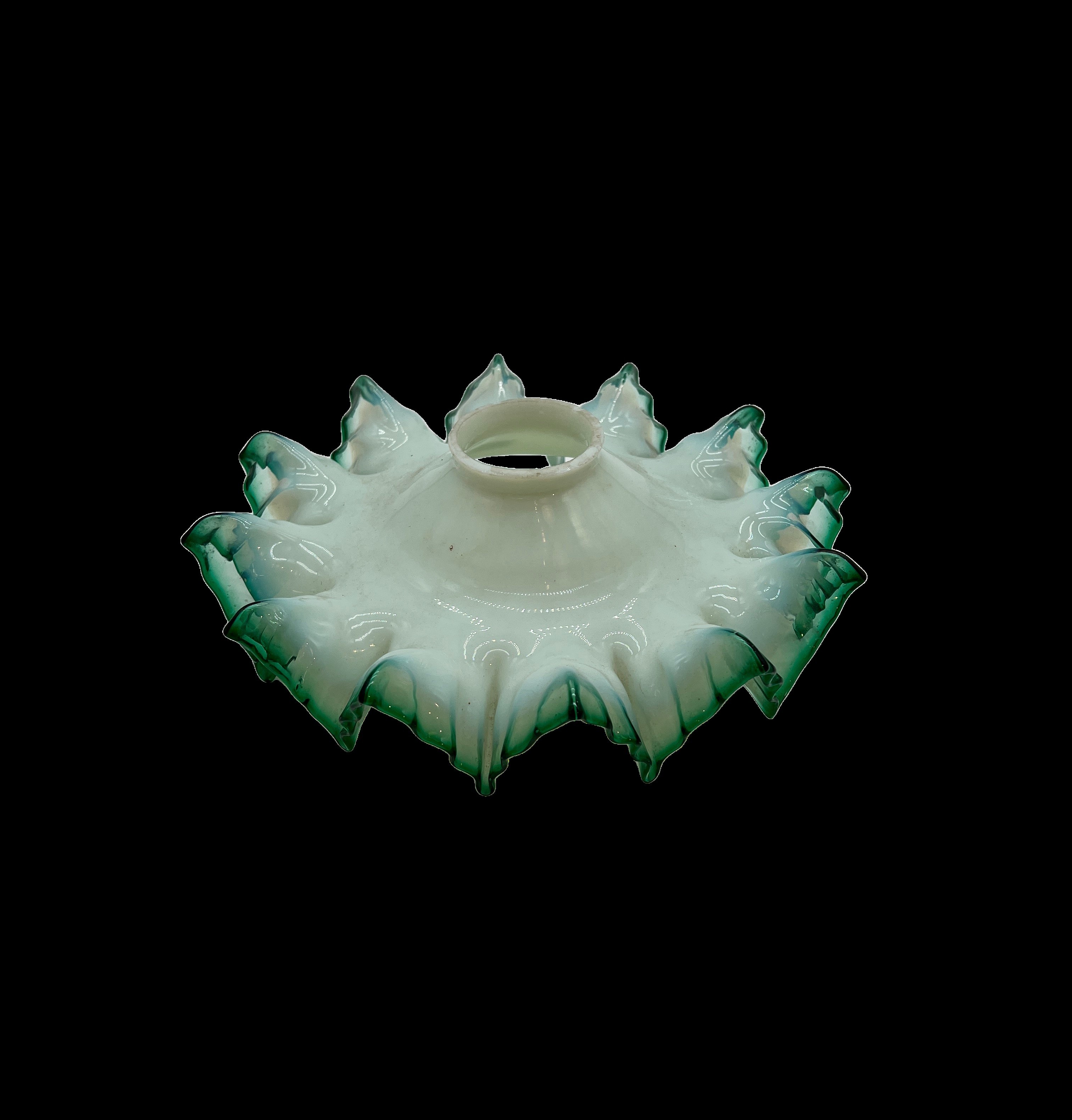 Antique Grandma's Saucer, milky white opaline glass lampshade with antique emerald green border, item PDN 2